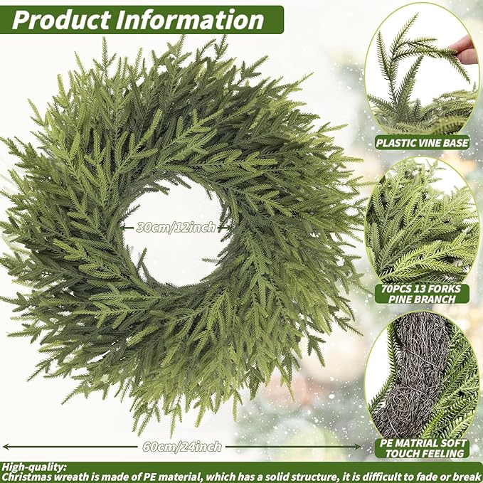 24 inch Norfolk Pine Wreath, Realistic Christmas Wreath for Front Door,Artificial Real Touch Green Wreath Greenery for Door Wall Windows Mantle Outdoor Christmas Decoration
