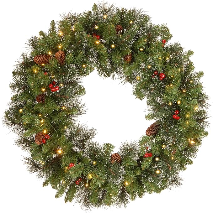 National Tree Company Pre-Lit Artificial Christmas Wreath, Green, Carolina Pine, White Lights, Decorated with Pine Cones and Glitter, Berry Clusters, Christmas Collection, 30 Inches
