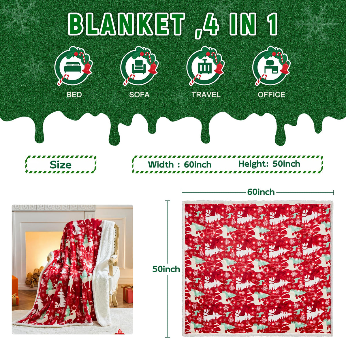 NORD ECO Christmas Throw Blanket, Christmas Decorations Gifts for Women, Sherpa Flannel Fleece Winter Holiday Blanket, Fluffy Cozy Soft Christams Throws for Couch Sofa Bed, DoubleDeer, 50" X 60"