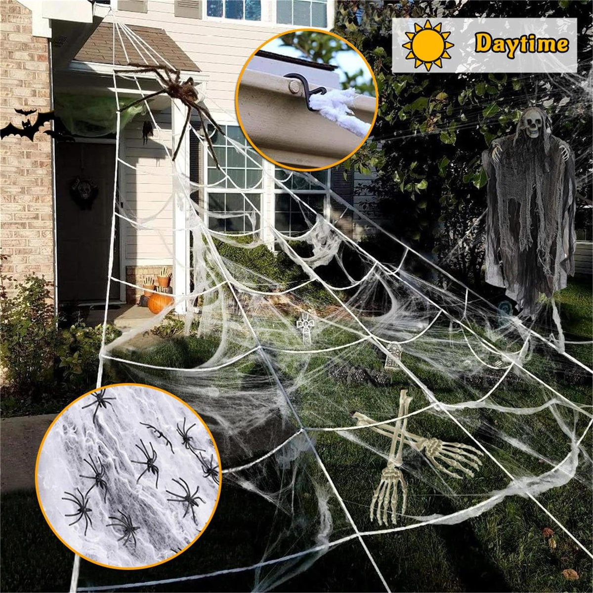 uesreaxy Halloween Decorations Outdoor, 250LED 23x18 FT Giant Spider Web with Purple Lights, Lighted Triangular Black Spider Web with Sturdy Wire, Waterproof, Timer, 8 Modes for Yard Halloween Décor