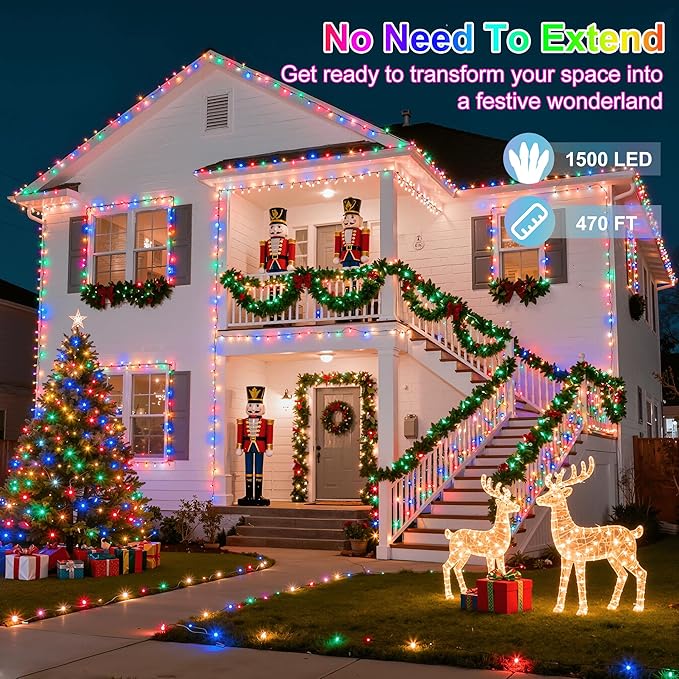 1500LED Christmas Lights Outdoor Use, 470ft 12 Modes Multicolor LED String Lights with Timer Dimmable, Waterproof Christmas Lights for Tree Wedding Xmas Patio Balcony Garden Decor Multicolor