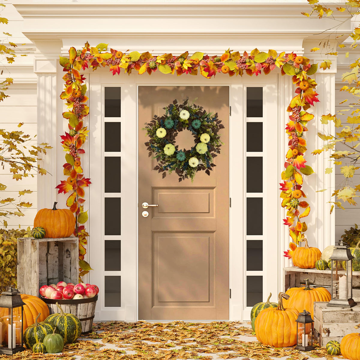 AMF0RESJ Fall Wreaths for Front Door 24" Thanksgiving Autumn Wreath with Pumpkins,Cimicifuga Plant Leaves,Berry for Front Door Indoor Outdoor Farmhouse Home Porch Window Festival Wedding Decoration