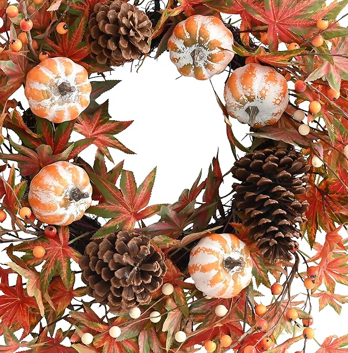 Fall Wreath for Front Door Fall Pumpkins Pinecone Wreaths 24 Inch Berry Artificial Maples Leaves Wreath for Halloween Thanksgivings Christmas Decoration Indoor Outdoor Window Hanging Decor