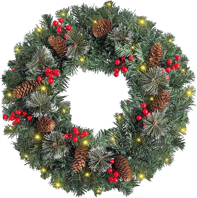 FR Artificial Pre-Lit Fir Christmas Wreath Holiday Accent Decoration, Wintry Pine, Decorated with Pine Cones Berry Clusters Frosted Branches, with LED Lights for Door, Mantel 20 Inch