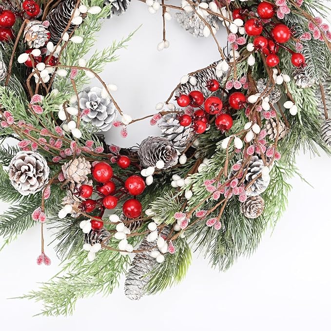 Christmas Wreath for Front Door, 24 inch Winter Wreaths with Natural Pine Cones, Red Berries,Spruce Branches,Xmas Indoor Outdoor Holiday Party Thanksgiving Decorations