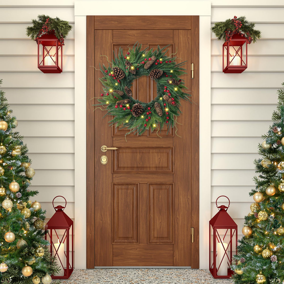 24’’ Real Touch Norfolk Pine Wreath Artificial Christmas Green Wreath for Front Door with Red Berries Pinecones Christmas Decorations for Winter Farmhouse Wall Indoor Outdoor Home Holiday Xmas Decor