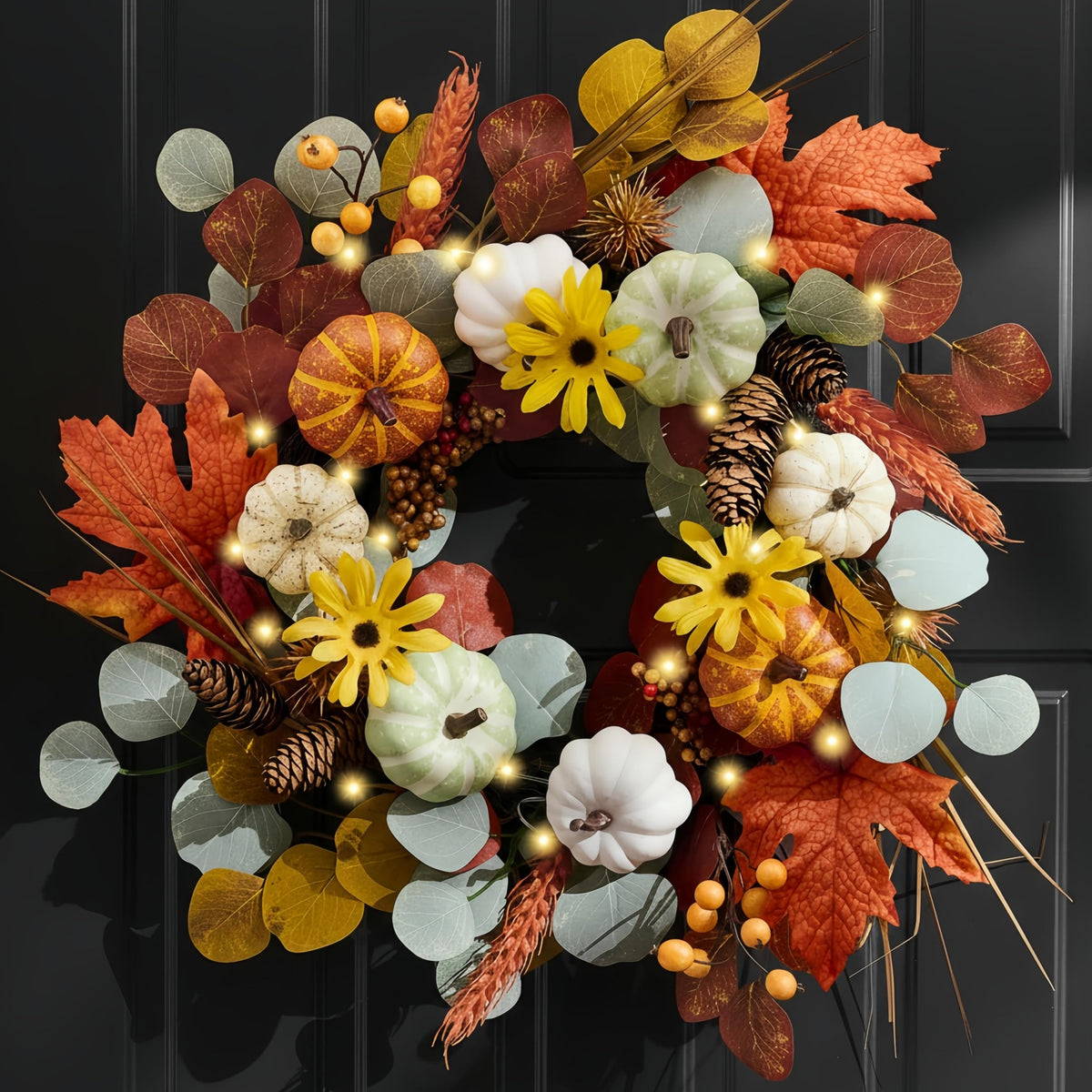 Valery Madelyn Fall Wreath with Lights for Front Door, 18" Halloween Door Wreath with White Pumpkins Silk Maple Leaves, Outdoor Fall Autumn Decorations for Home Porch Thanksgiving Harvest Table Decor