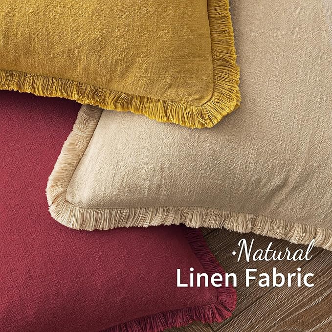 MIULEE Christmas Decorative Throw Pillow Covers Neutral Linen Fringe Throw Pillows Set of 2 Burgundy Boho Farmhouse Cushion Covers with Tassels for Couch Sofa Bed Living Room Home Decor 20x20 Inch