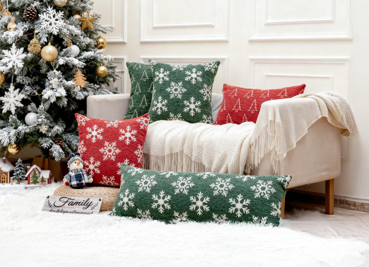 Auomily 2 Pack Christmas Pillow Covers 18x18, Chenille Double-Sided Snowflake & Christmas Tree Decorative Throw Pillow Cases, Soft Farmhouse Holiday Cushion Covers for Sofa Couch Bed(Red,18x18)