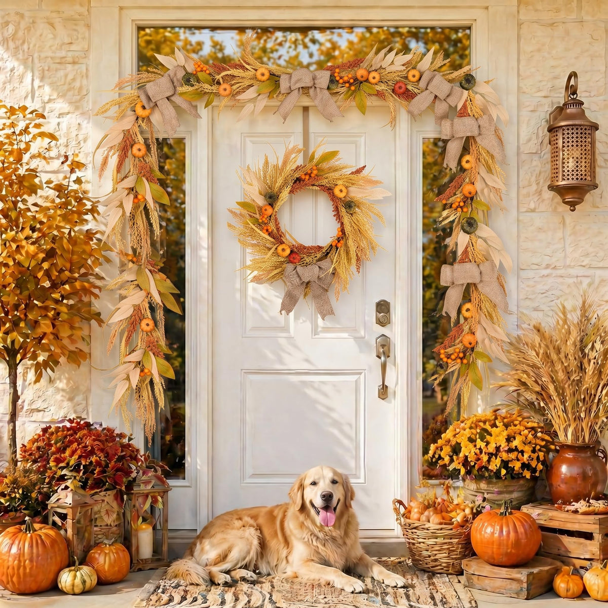 DecorbyHannah Fall Wreath for Front Door Outside, 24'' Collapsible Pre-Lit Rustic Farmhouse Autumn Harvest Door Wreath with Pumpkin Wheat Burlap Bow, Outdoor Fall Decorations for Home Mantle Porch