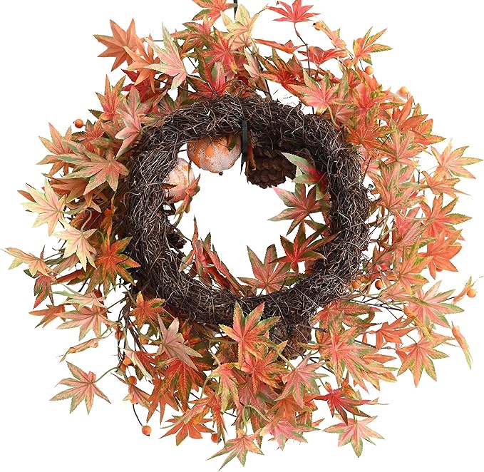 Fall Wreath for Front Door Fall Pumpkins Pinecone Wreaths 24 Inch Berry Artificial Maples Leaves Wreath for Halloween Thanksgivings Christmas Decoration Indoor Outdoor Window Hanging Decor
