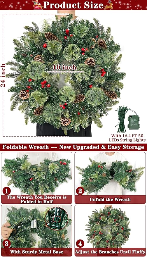 24 Inch Foldable Christmas Wreaths for Front Door, Lighted Christmas Wreath with Pinecones Berried 50 Warm White & Multicolor Lights 8 Modes Timer Norfolk Pine Wreath Xmas Wreaths for Door Wall Window