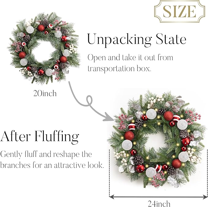 Valery Madelyn 24'' Pre-Lit Christmas Wreath for Front Door with Light, Large Lighted Outdoor Christmas Wreath with Red White Xmas Ball Norfolk Pine for Home Porch Fireplace Window Holiday Decor