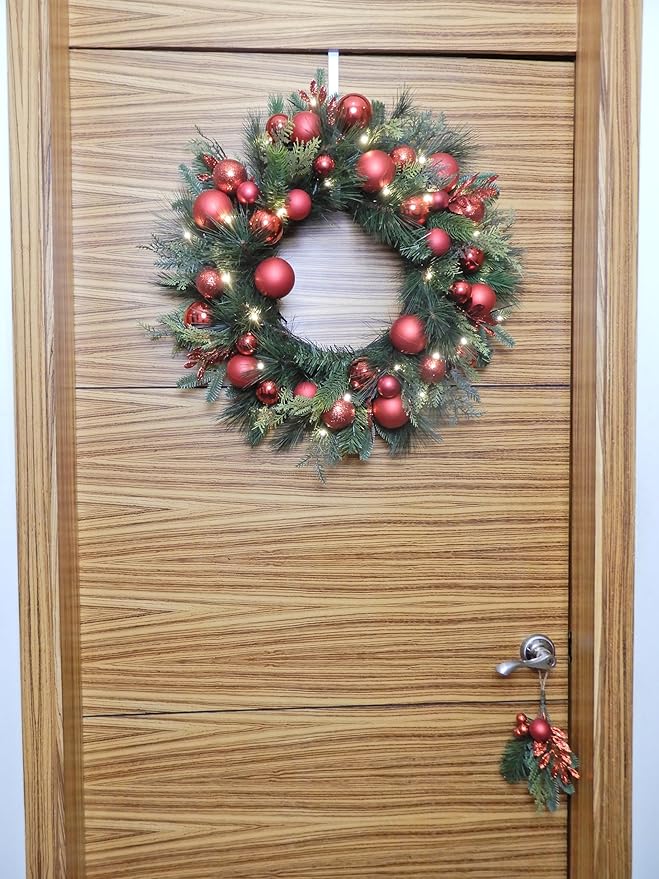BIG 26" D Pre-lit Christmas Ornament Artificial Pine Wreath w 33 Red Balls Real Grapevine Base (35 LED Lights, 8 Flash Options) for Xmas Decor at Shop Home Front Door Living Room Wall Window (Battery)