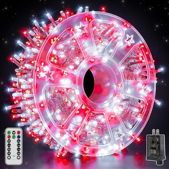 Christmas Lights 600 LED 98FT, Waterproof Outdoor String Lights with Remote and Timer, 8 Modes Dimmable Fairy Lights for Indoor Outdoor Wedding Party Holiday Decorations (Red and White)