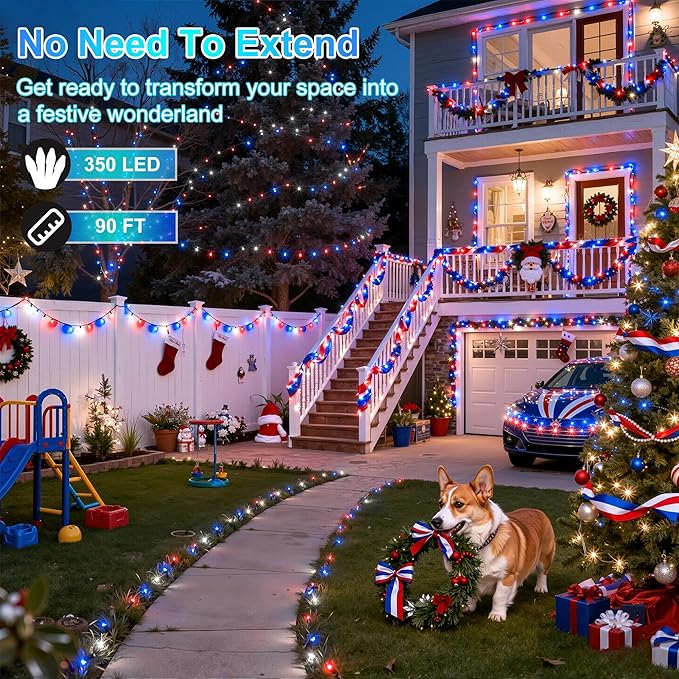 350LED Christmas Lights Indoor Outdoor, 90ft 12 Modes Red Blue and White LED String Lights with Timer Dimmable, Waterproof Tree Lights for Xmas Patio Yard Fence Bedroom Wedding Garden Decor