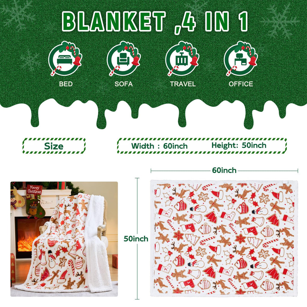 NORD ECO Christmas Throw Blanket, Christmas Decorations Gifts for Women, Sherpa Flannel Fleece Winter Holiday Blanket, Fluffy Cozy Soft Christams Throws for Couch Sofa Bed, Gingerbread, 50" X 60"