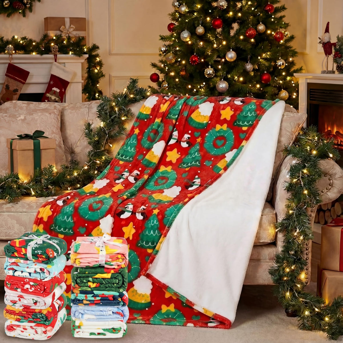 Windkream 12 Pcs Christmas Throw Blankets for Homeless with Ribbon Xmas Flannel Fleece Blankets Gingerbread Snowman Lightweight Soft Plush Couch Throw for Bedroom Winter (50 x 60 Inch)