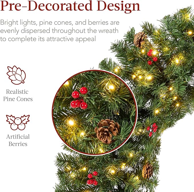 Best Choice Products 30in Pre-Lit Christmas Wreath w/Berries & Pinecones, Large Artificial Indoor/Outdoor Decor for Door, Mantel w/Red Bow, Plug-in