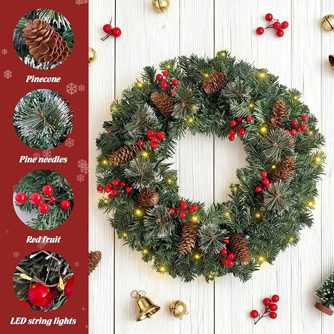 FR Artificial Pre-Lit Fir Christmas Wreath Holiday Accent Decoration, Wintry Pine, Decorated with Pine Cones Berry Clusters Frosted Branches, with LED Lights for Door, Mantel 20 Inch