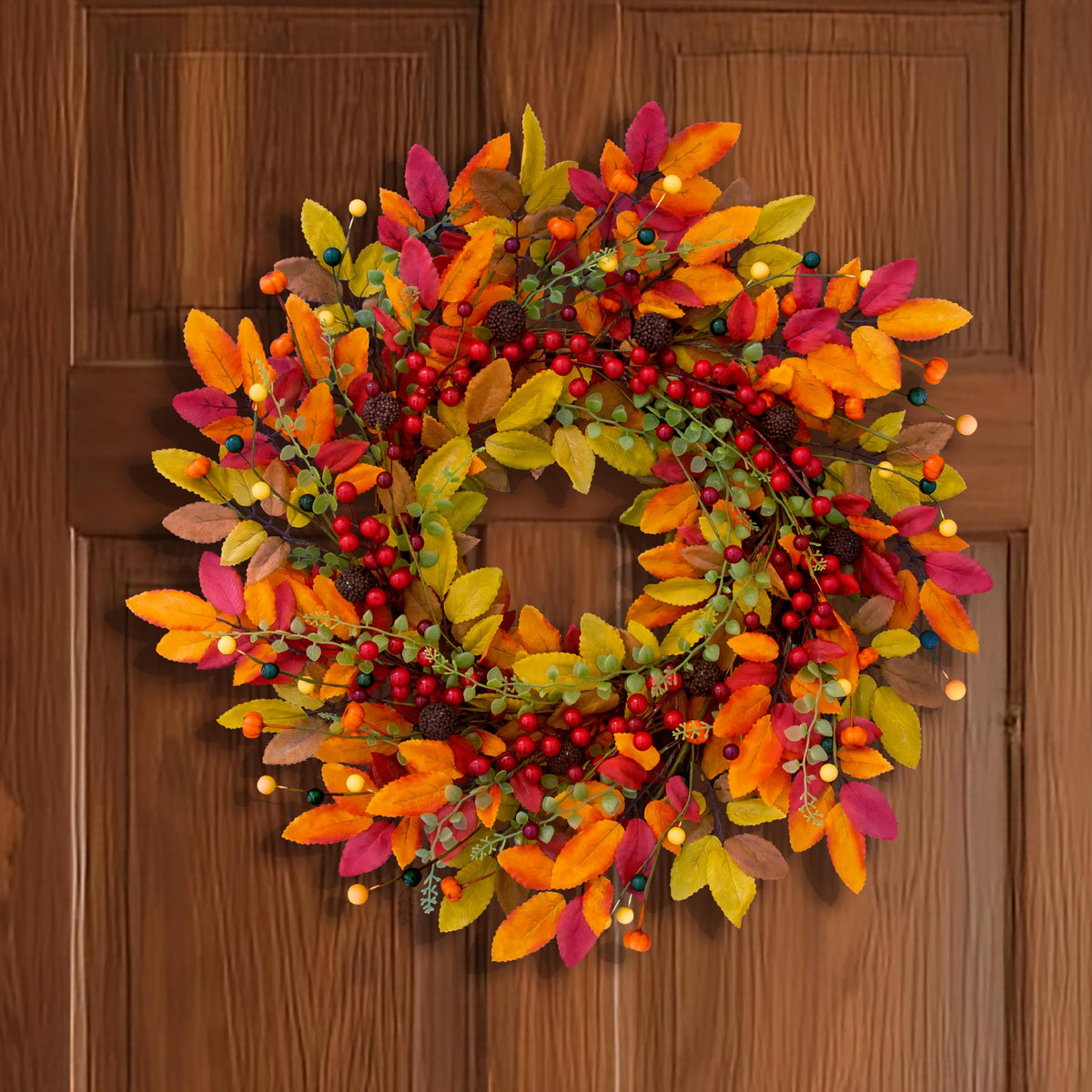 22" Berry Branches Fall Wreath with Colorful Leaves, Red Autumn Artificial Berries Wreath for Front Door Outside Thanksgiving Halloween Window Home Wall Farmhouse Holiday Outdoor Indoor Décor