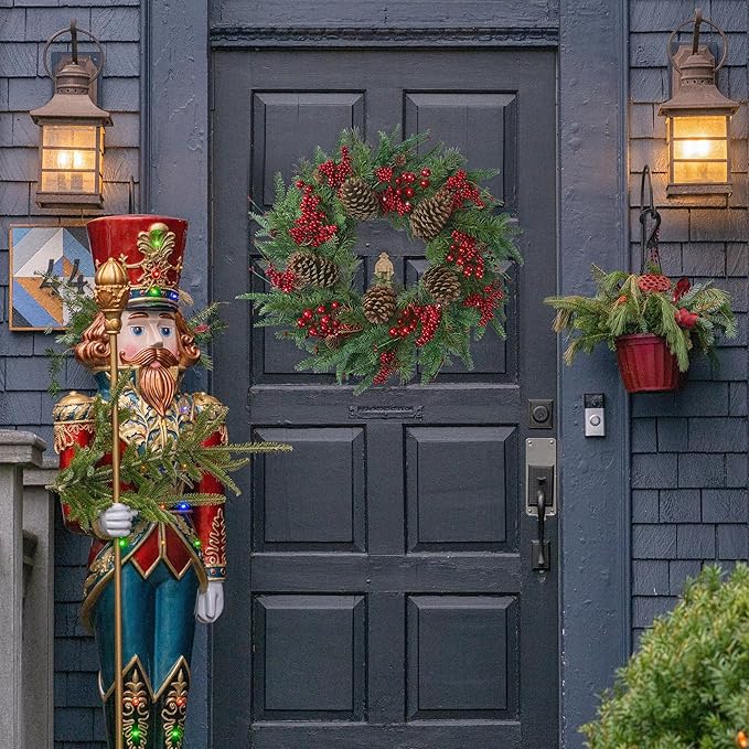 22’’ Artificial Christmas Wreath Norfolk Pine Wreath for Front Door with Pine Needles Red Berries Big Pinecones Christmas Decorations for Winter Farmhouse Wall Indoor Outdoor Home Holiday Xmas Decor