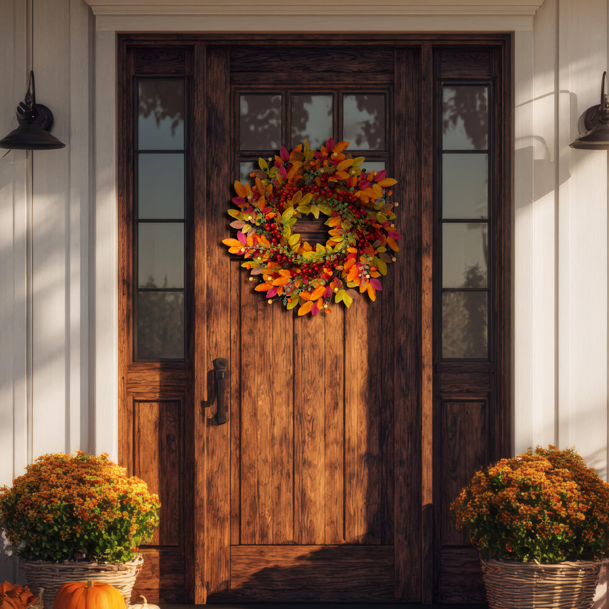 22" Berry Branches Fall Wreath with Colorful Leaves, Red Autumn Artificial Berries Wreath for Front Door Outside Thanksgiving Halloween Window Home Wall Farmhouse Holiday Outdoor Indoor Décor