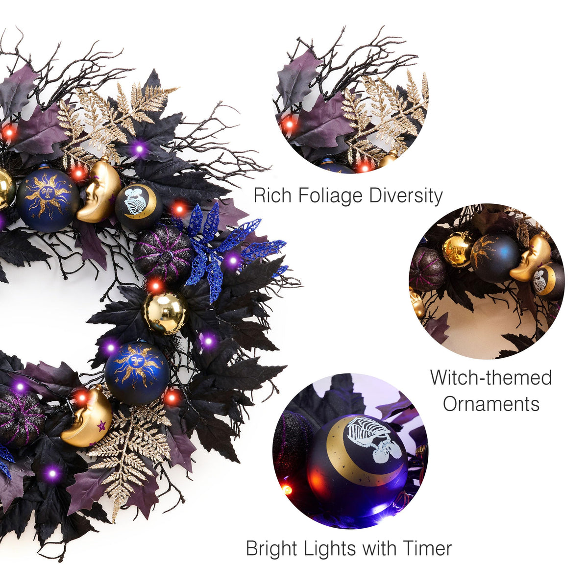DecorbyHannahHalloween Wreath for Front Door, 24 Inch Collapsible Pre-lit Black Witch Pumpkins Wreath with Lights，Maple Leaves, Moon,Ball Ornaments and Timer for mantle Porch Wall Indoor Outdoor Decor