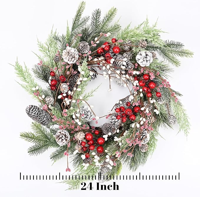 Christmas Wreath for Front Door, 24 inch Winter Wreaths with Natural Pine Cones, Red Berries,Spruce Branches,Xmas Indoor Outdoor Holiday Party Thanksgiving Decorations