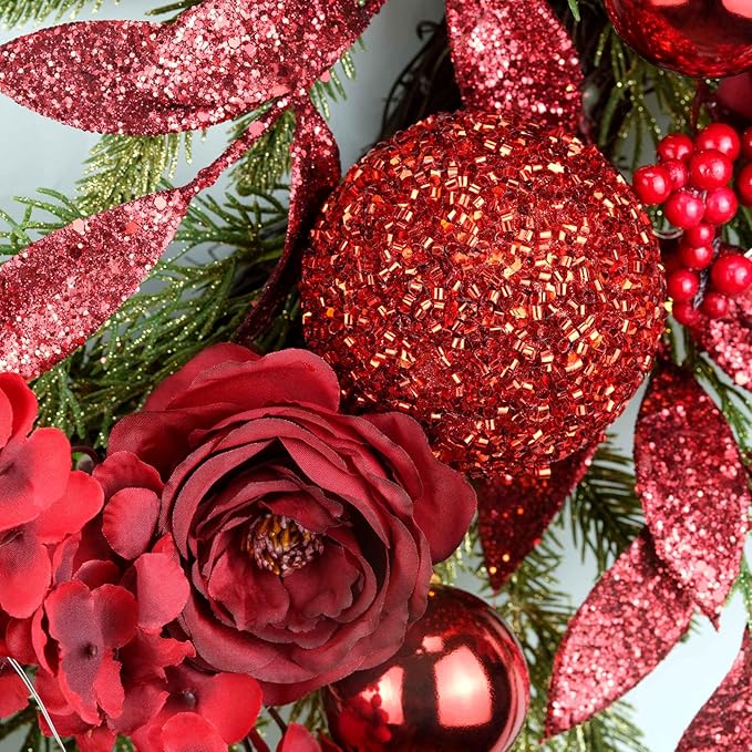 YULETIME 24" Christmas Wreath, Artificial Holiday Wreath with Baubles, Berries, Leaves, Spruce Branches, Snowy Pine Needles (Red Hydrangea)