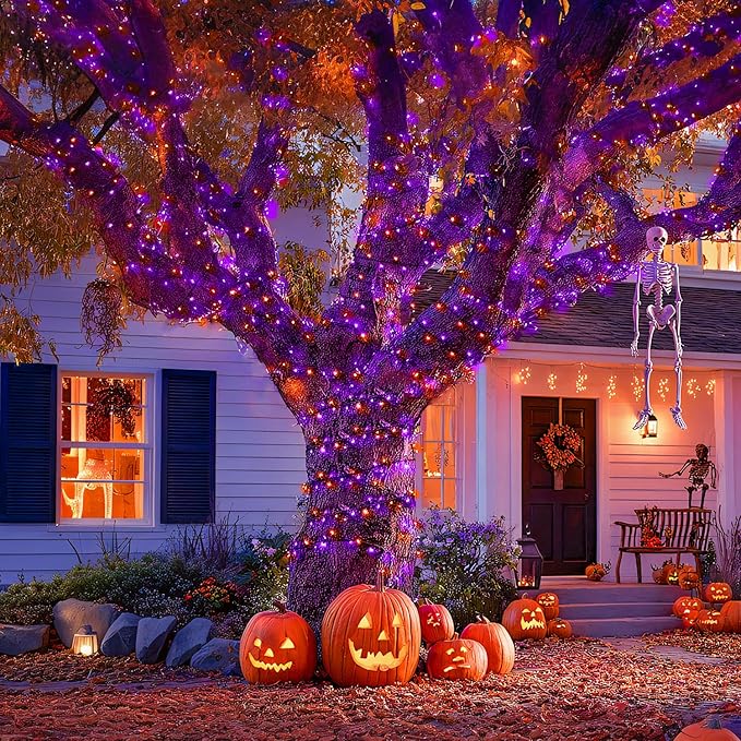 JMEXSUSS 400 LED Halloween Lights Outdoor Indoor, 132ft Halloween String Lights Plug in, Orange and Purple Light for Yard Tree Porch House