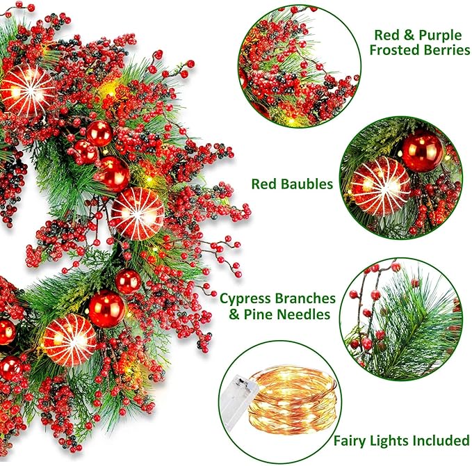 YULETIME 24" Mixed Berries Christmas Wreath - Artificial Holiday Wreath with Red & Purple Frosted Berries, Green Cypress Branches & Pine Needles