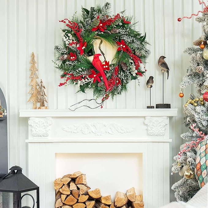 Christmas Wreath with Lights, Soomeir 24 Inch Lighted Christmas Wreaths for Front Door with Pine Needles and Berries, Large Prelit Wreath for Holiday Winter Window Outdoor Indoor Xmas