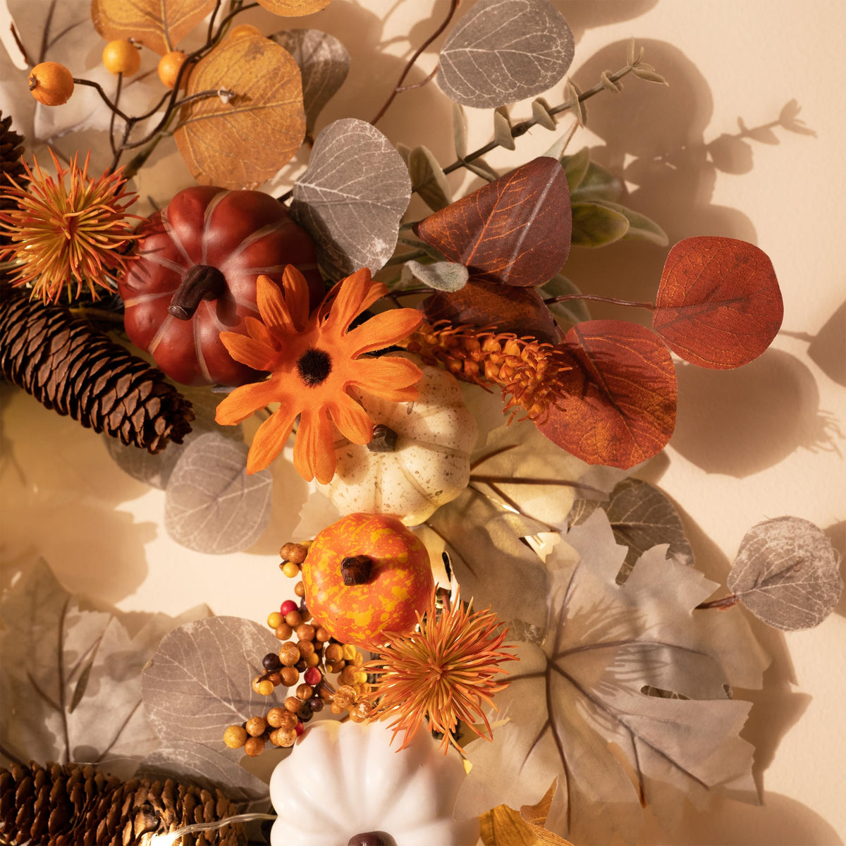 Valery Madelyn Fall Wreath with Lights for Front Door, 18" Autumn Door Wreath with White Pumpkins Silk Maple Leaves, Outdoor Fall Halloween Decorations for Home Porch Thanksgiving Harvest Table Decor