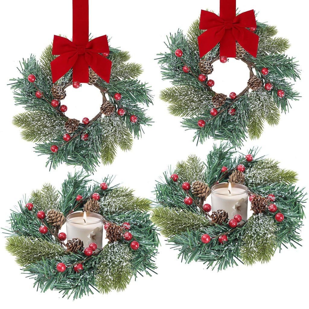 Sggvecsy 4 Pcs Christmas Candle Rings Norfolk Pine Wreath Table Centerpieces Artificial Red Berries Pinecones Small Wreaths Kitchen Cabinets Pillars Mini Candle Rings for Window Front Door Decor