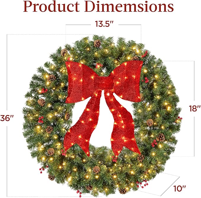 Best Choice Products 36in Pre-Lit Christmas Wreath w/Berries & Pinecones, Large Artificial Indoor/Outdoor Decor for Door, Mantel w/Red Bow, Plug-in