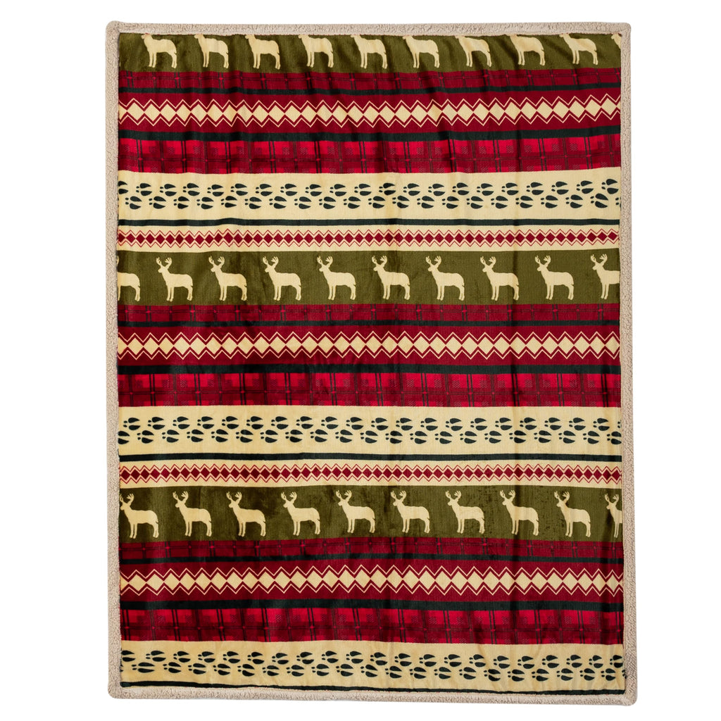 PAVILIA Premium Christmas Sherpa Throw Blanket, Green Red Cabin Design with Reindeer Print, Ultra Soft Reversible Fleece & Sherpa 50x60 Cozy Winter Blanket, Cozy Christmas & Holiday Decor