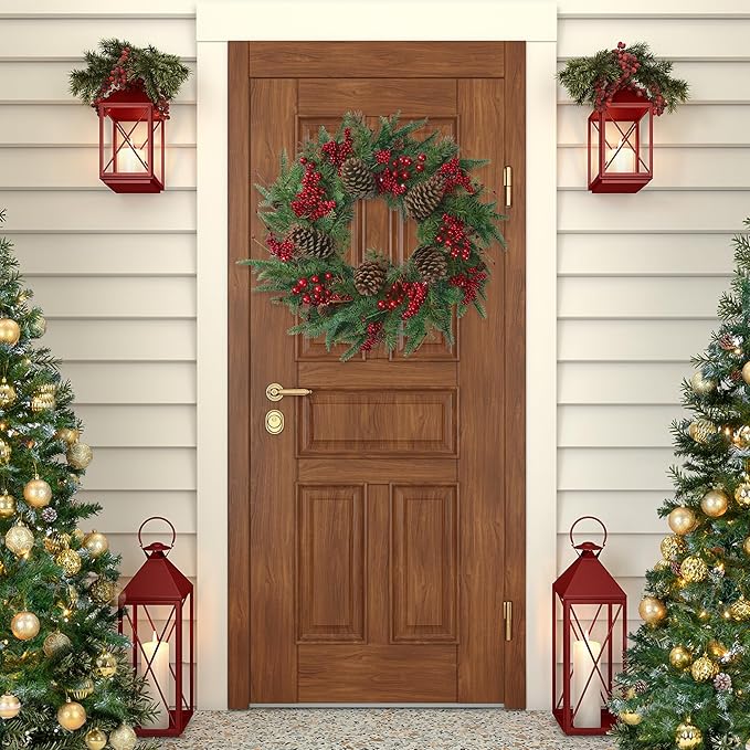 22’’ Artificial Christmas Wreath Norfolk Pine Wreath for Front Door with Pine Needles Red Berries Big Pinecones Christmas Decorations for Winter Farmhouse Wall Indoor Outdoor Home Holiday Xmas Decor