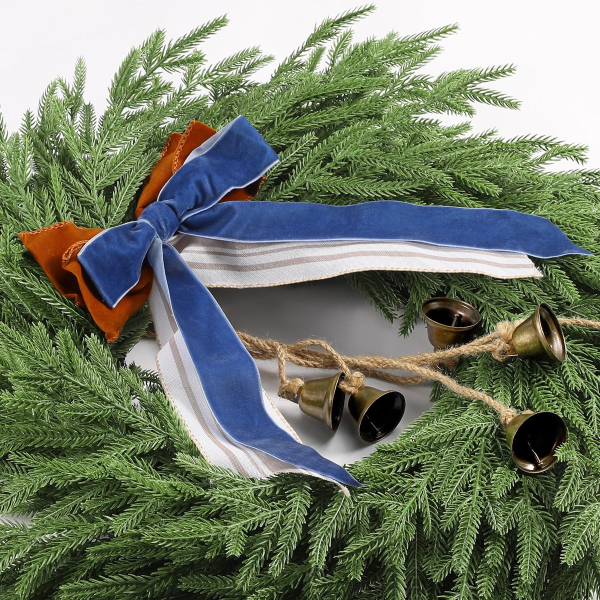 Christmas Decorations - 22 Inch Norfolk Pine Christmas Wreath with Bells and Ribbon - Artificial Pine Greenery Winter Wreath for Home Table Wall Window Porch Door Indoor Outdoor Decor