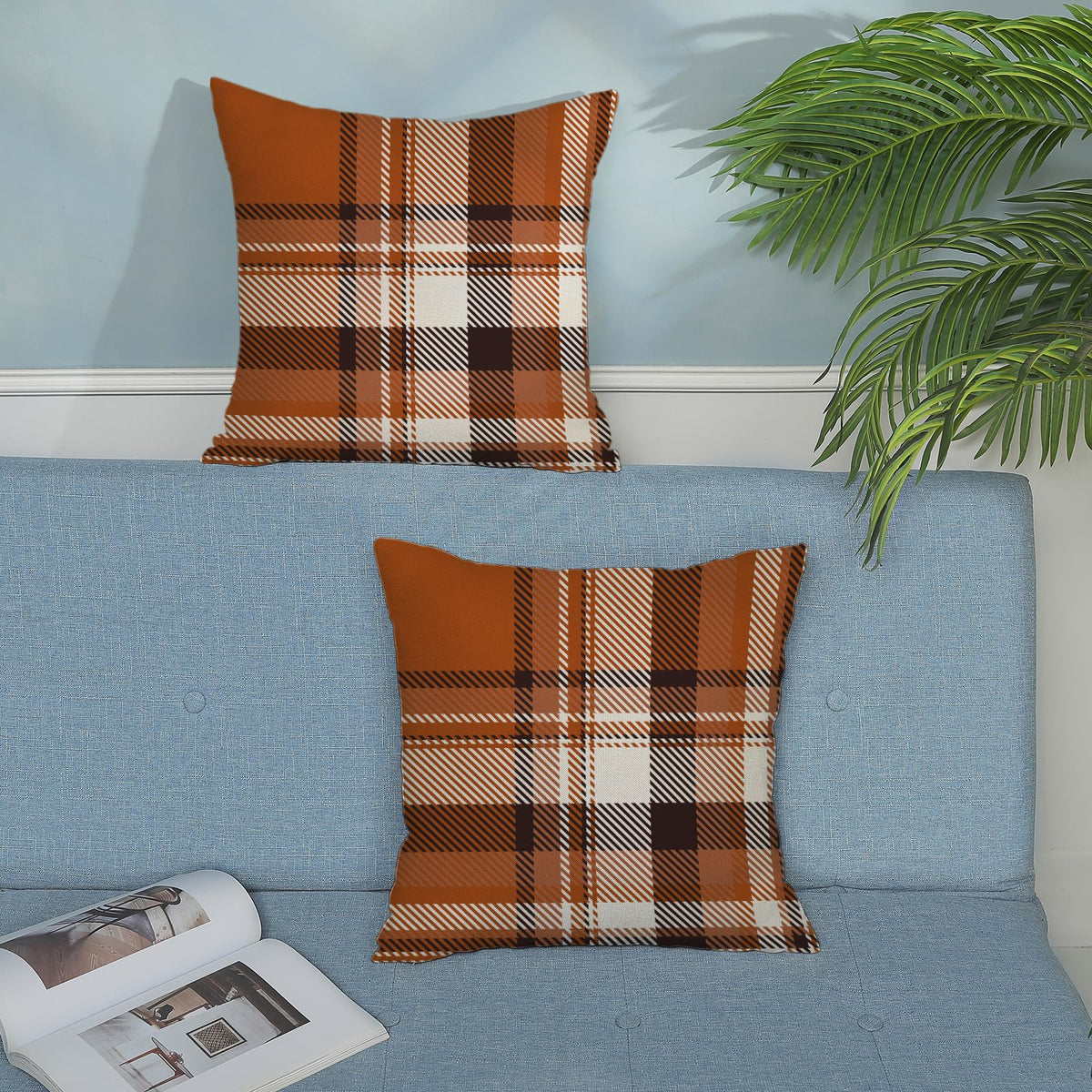JEFERSO Fall Pillow Covers 18x18 Inch Set of 2 Burnt Orange Black Plaids Throw Pillows Autumn Harvest Thanksgiving Decoration Pillowcases Linen Outdoor Fall Decor Cushion Covers for Couch Sofa Home