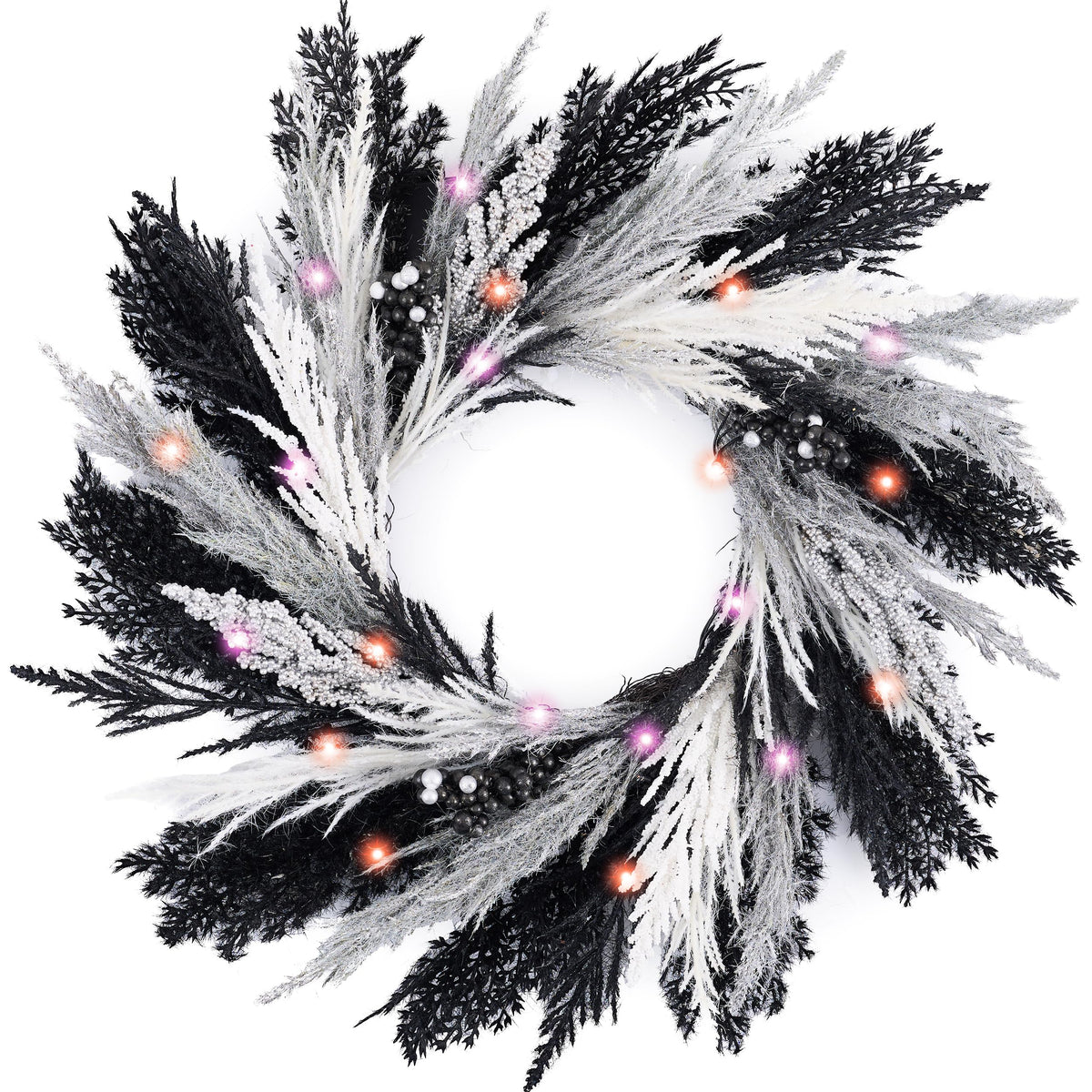 DecorbyHannah Halloween Wreath for Front Door, 18 Inch Pre-Lit Faux Black Pampas Grass Gothic Spooky Wreath with Lights and Timer, Fall Door Decor for Fireplace Mantle Porch Wall Home Indoor Outdoor