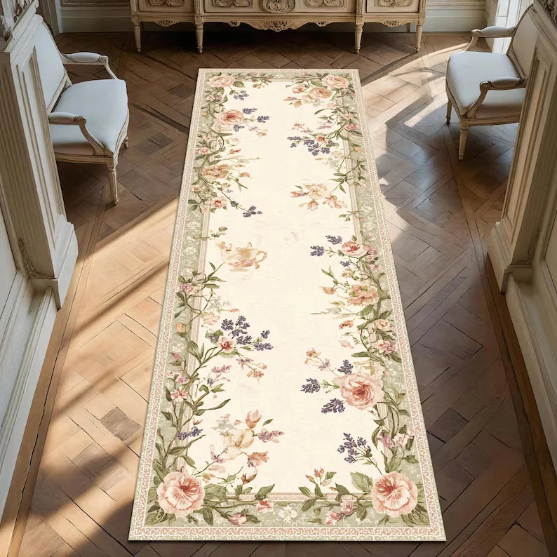 Romantic French Country Runner Rug for Hallway Vintage Cottagecore Embroidered Look Mat Pink Green Shabby Floral Home Decor
