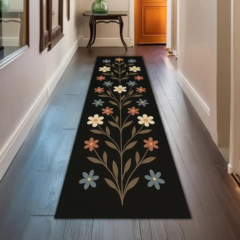 Romantic French Country Runner Rug for Hallway Vintage Cottagecore Embroidered Look Mat Pink Green Shabby Floral Home Decor